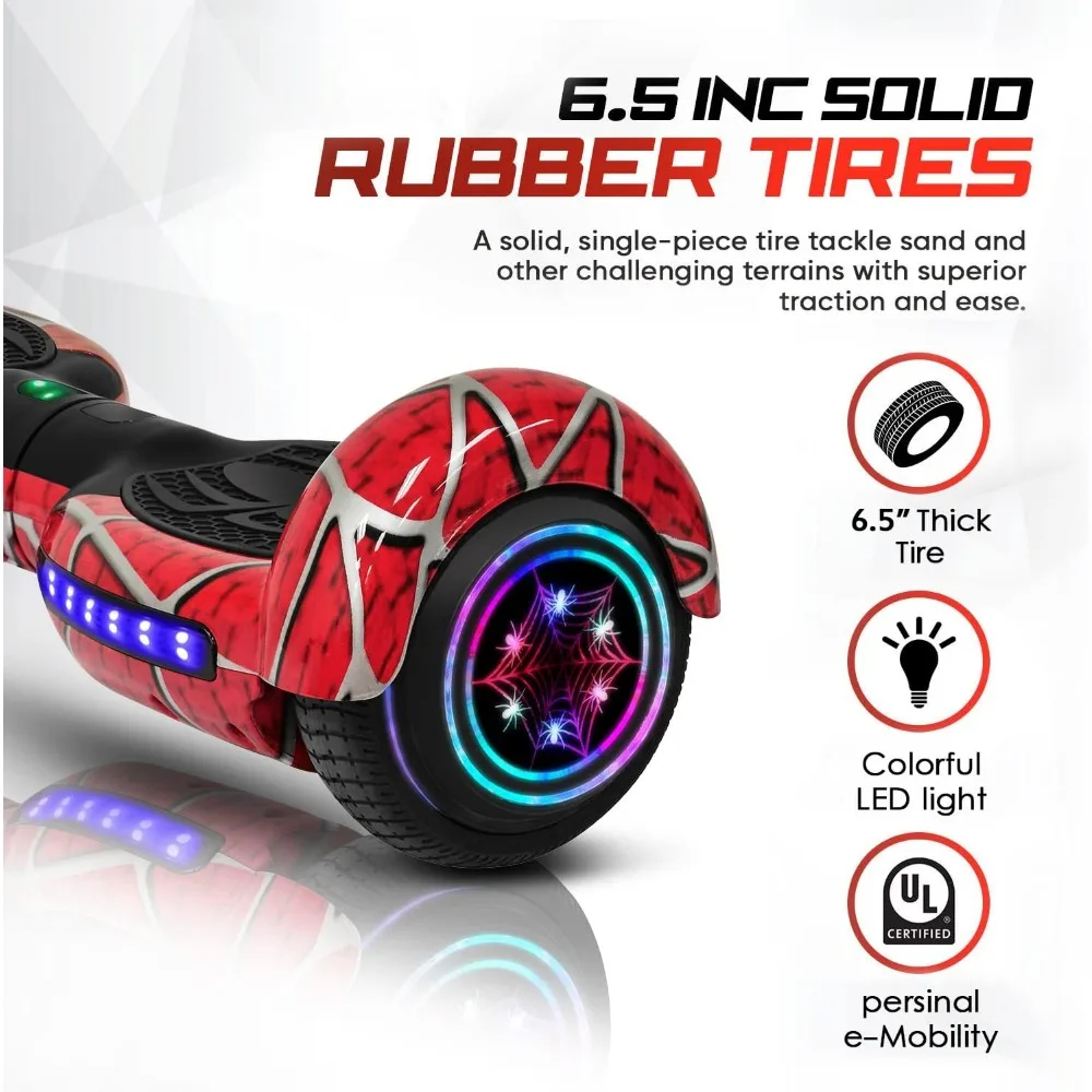 Hoverboard Spider-Pattern per bambini dai 6 ai 12 anni, con altoparlante Bluetooth e luci a LED Hover Board da 6.5 ", certificato di sicurezza UL2272