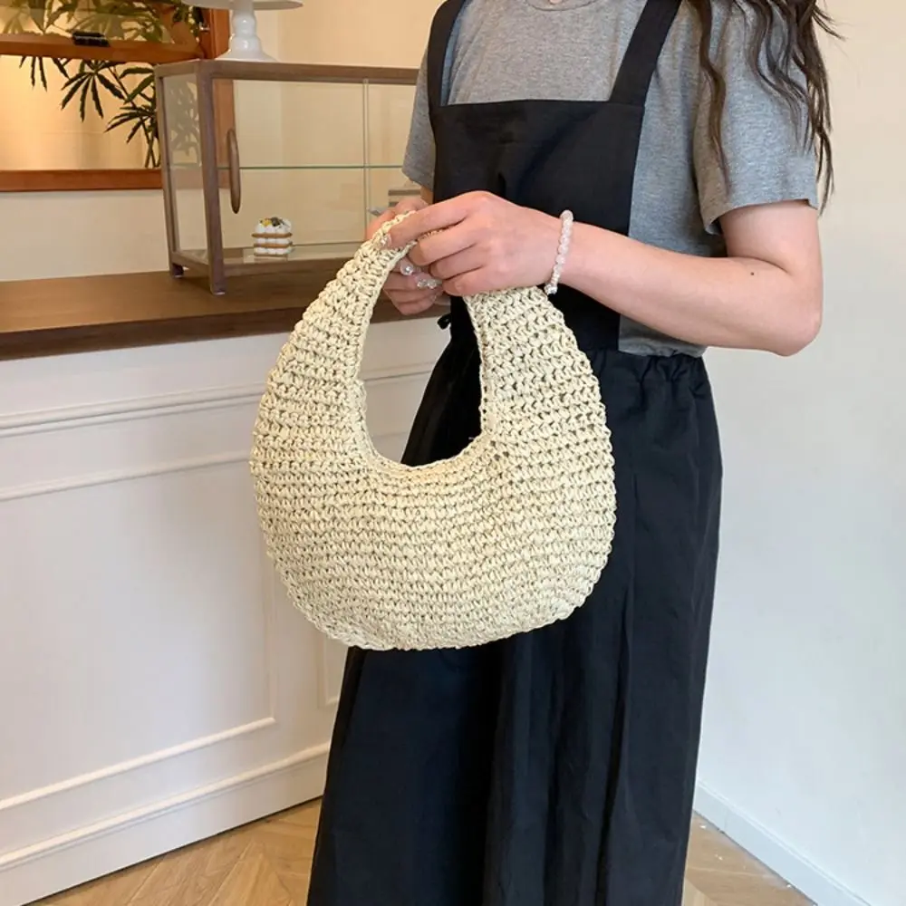 

Trendy Large Capacity Lafite Straw Bag Handmade Half Moon Weave Tote Bag Fashion Clutch Purse Grass Woven Bag Girls