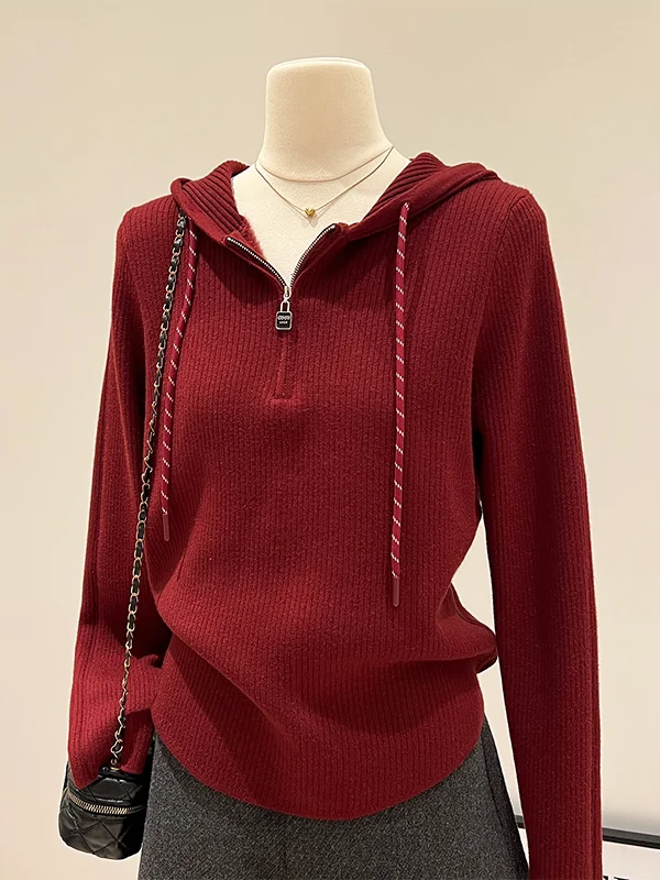 

Thiened Knitted f Zipper Hooded Fce Lined Base irt Women's Winter Thermal Inner Wear Hat Sweater Top Casual Loose Fit