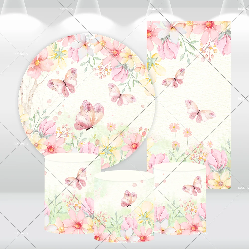 

Spring theme Flower Butterfly Baby Shower Round Arch Backdrop Cover Girl 1st Birthday Circle Photography Background Banner