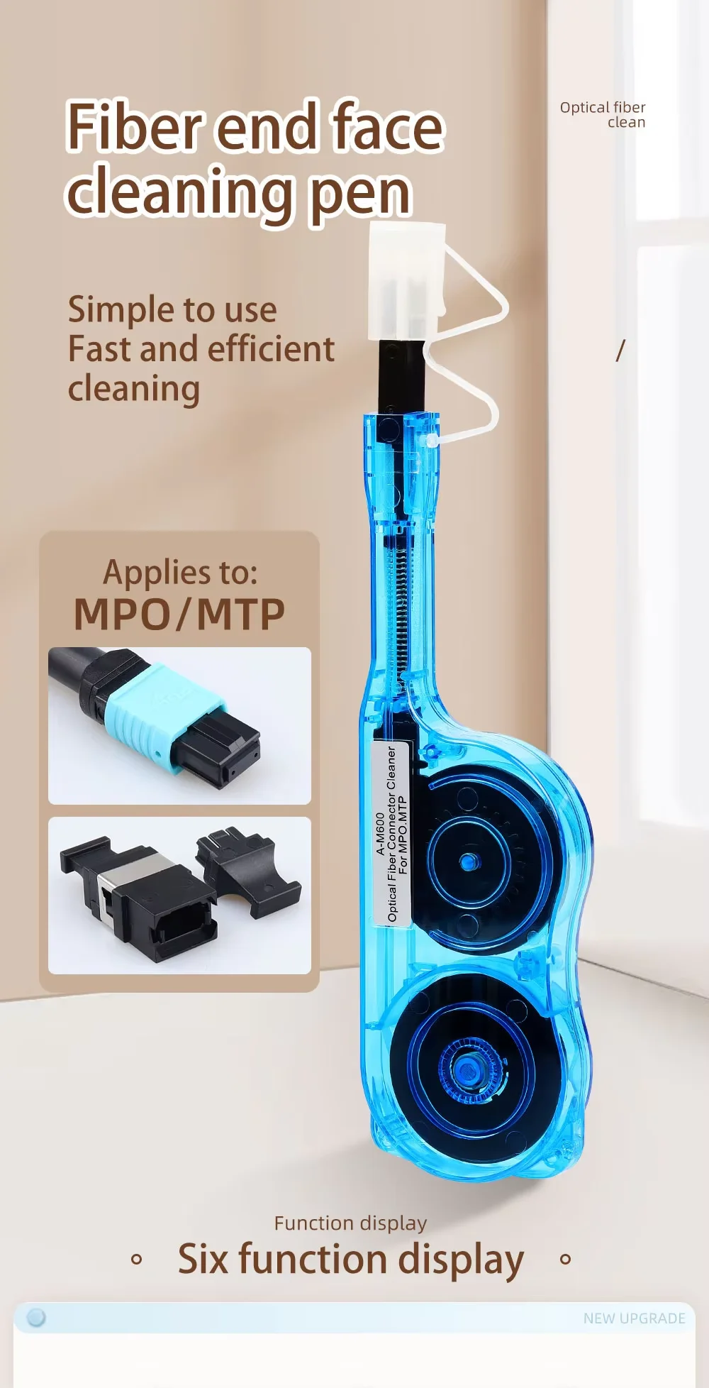 Limpiador de pluma de herramienta de fibra óptica para conector MPO y MTP, caras finales de fibra, limpiador de un clic, más de 600 veces de limpieza, pluma de limpieza