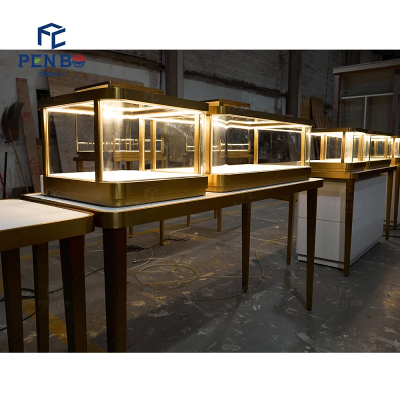 2025customized. luxury jewelry showcases glass counter jewellery display cabinet wood jewelry display showcase cabinet with LED