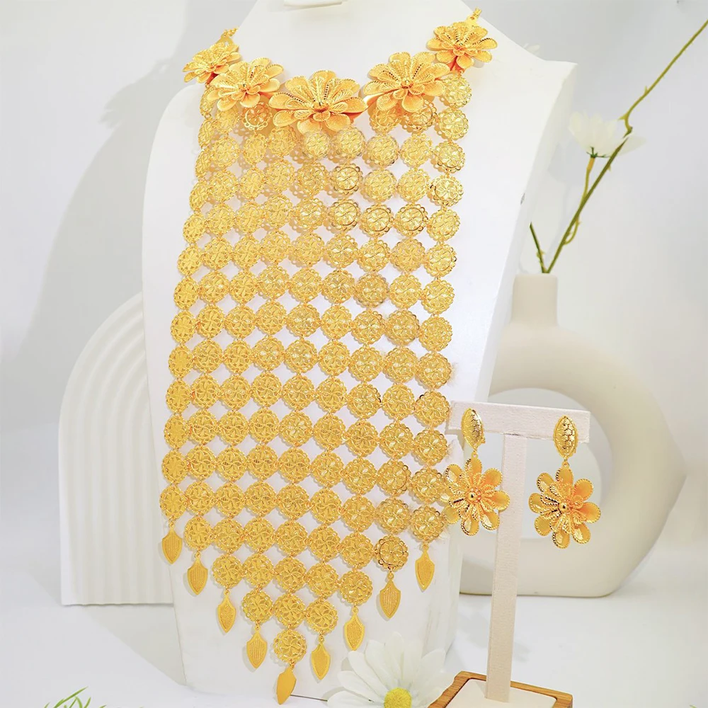 

Trendy Middle East Luxury Necklace Gold Color Earring Set Dubai Fashion Women Necklace Earrings Jewelry Party Gifts Accessories