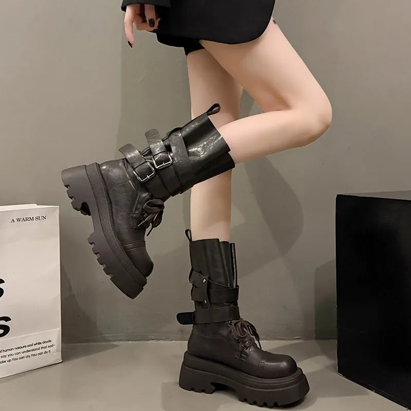 

Women's Thick-Soled Buckle Motorcycle Boots 2025 New Retro British Style Petite Height-Enhancing Leather Mid-Calf Riding Boots