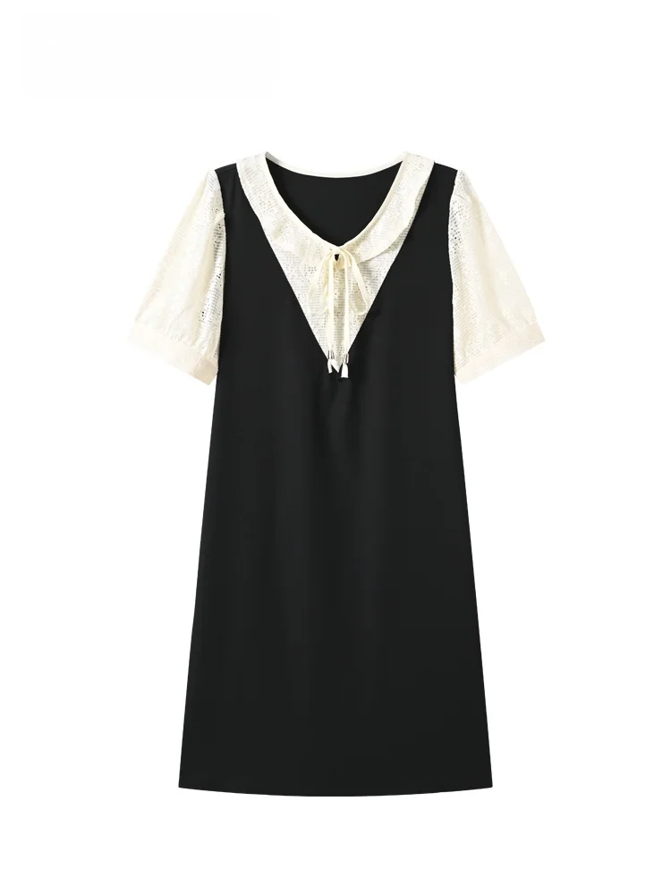 

plus Size Hepburn Style Short Sleeve Dress Women's Summer Fashion plus Size New Style Fake Two-Piece Skirt Casual Polyester F...