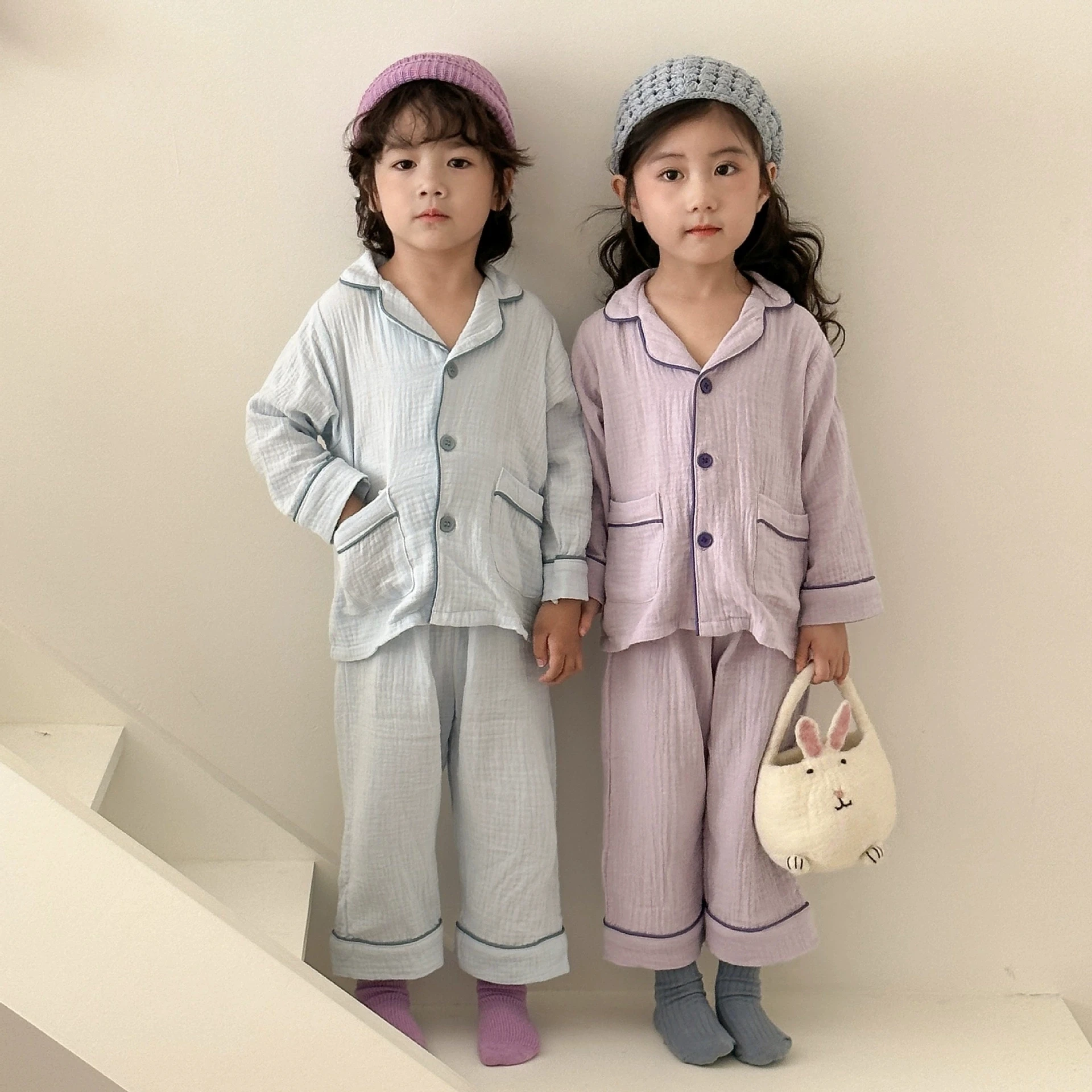 2025 Autumn Spring 1-12 Years Children Cotton Solid Color Shirt+Trousers 2 Pieces Suit Sleepwear Kids Boy Girl Soft Pyjamas Set