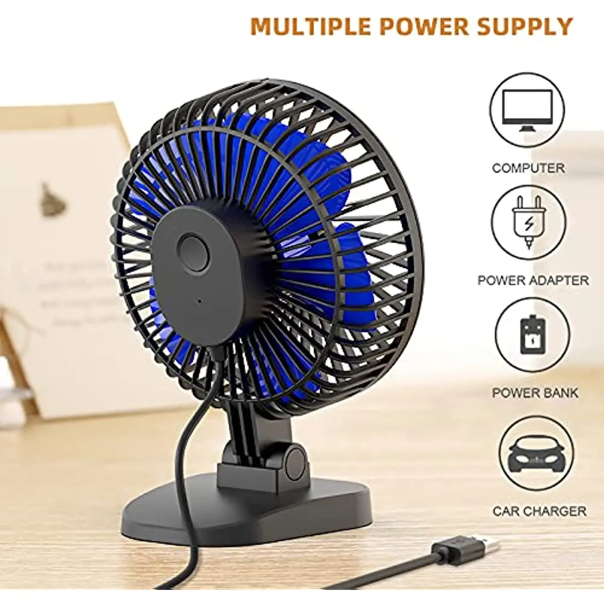 USB alimentado pequeno Desk Fan, fluxo de ar Ultra Silencioso, Tabela Fan, 40 ° Cabeça Ajuste, 3 Velocidades, 4"