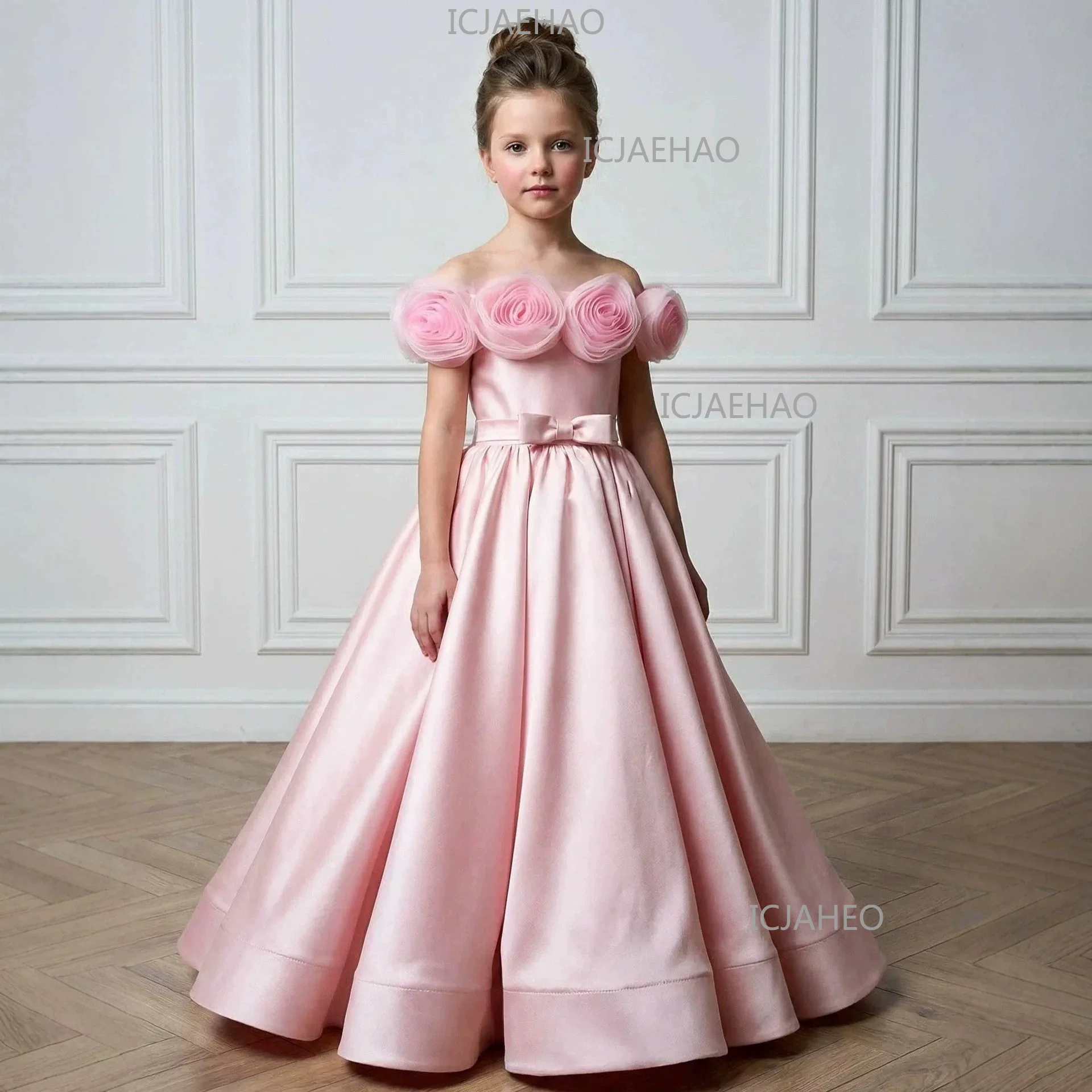 Girls Pink Satin Formal Gown, 3D Rose Floral Big Swing Princess Dress For Birthday Piano Performance Children Party Dresses