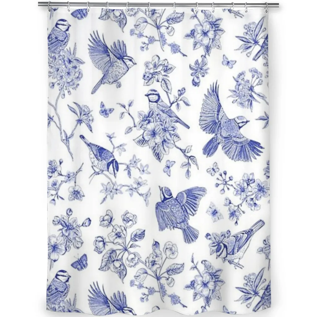 Vintage Blue Toile Birds French Country Pattern Shower Curtain Landscape Bath Curtain With Hooks for Bathroom waterproof scenery