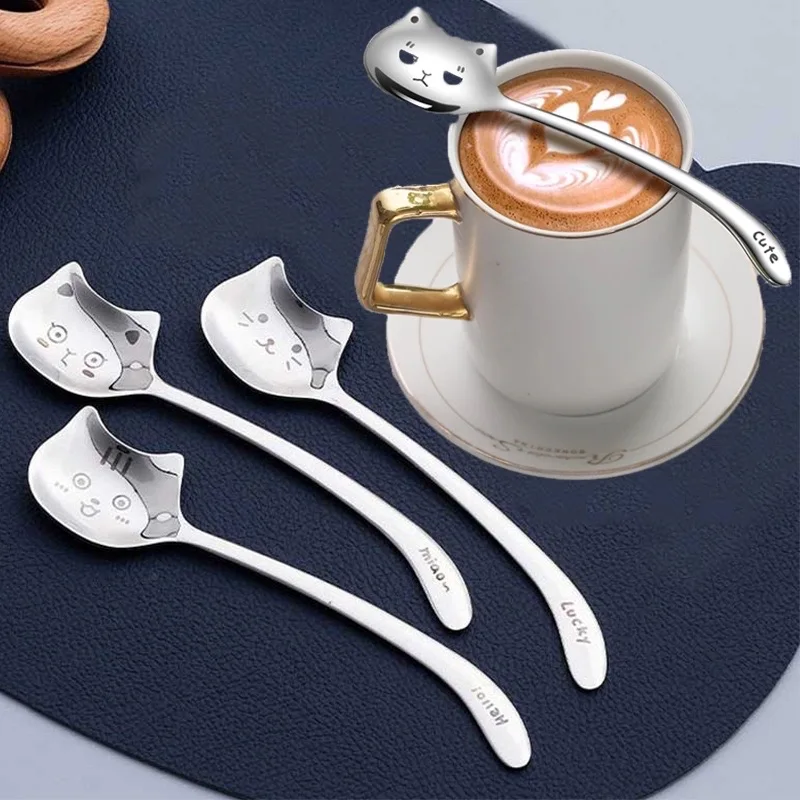 Funny Cat Spoons Cute Cartoon Meow Teaspoons For Coffee Dessert Cake Long Tail Spoon Birthday Gift Kitchen Tableware Accessories