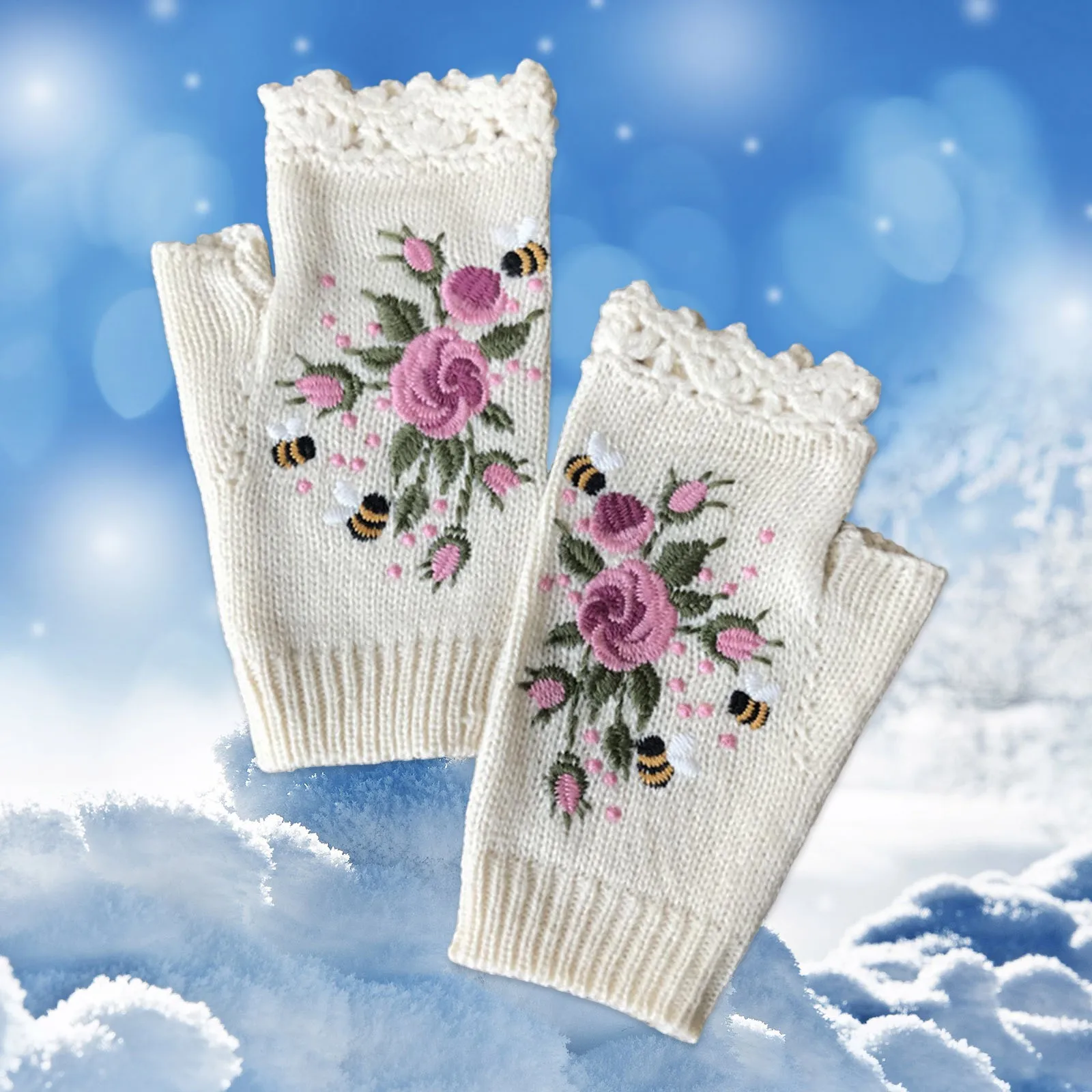 

Women Long Fingerless Gloves Handmade Knitted Women's Winter Gloves Autumn Flowers Gloves Mittens Warm Woolen Embroidery Gloves