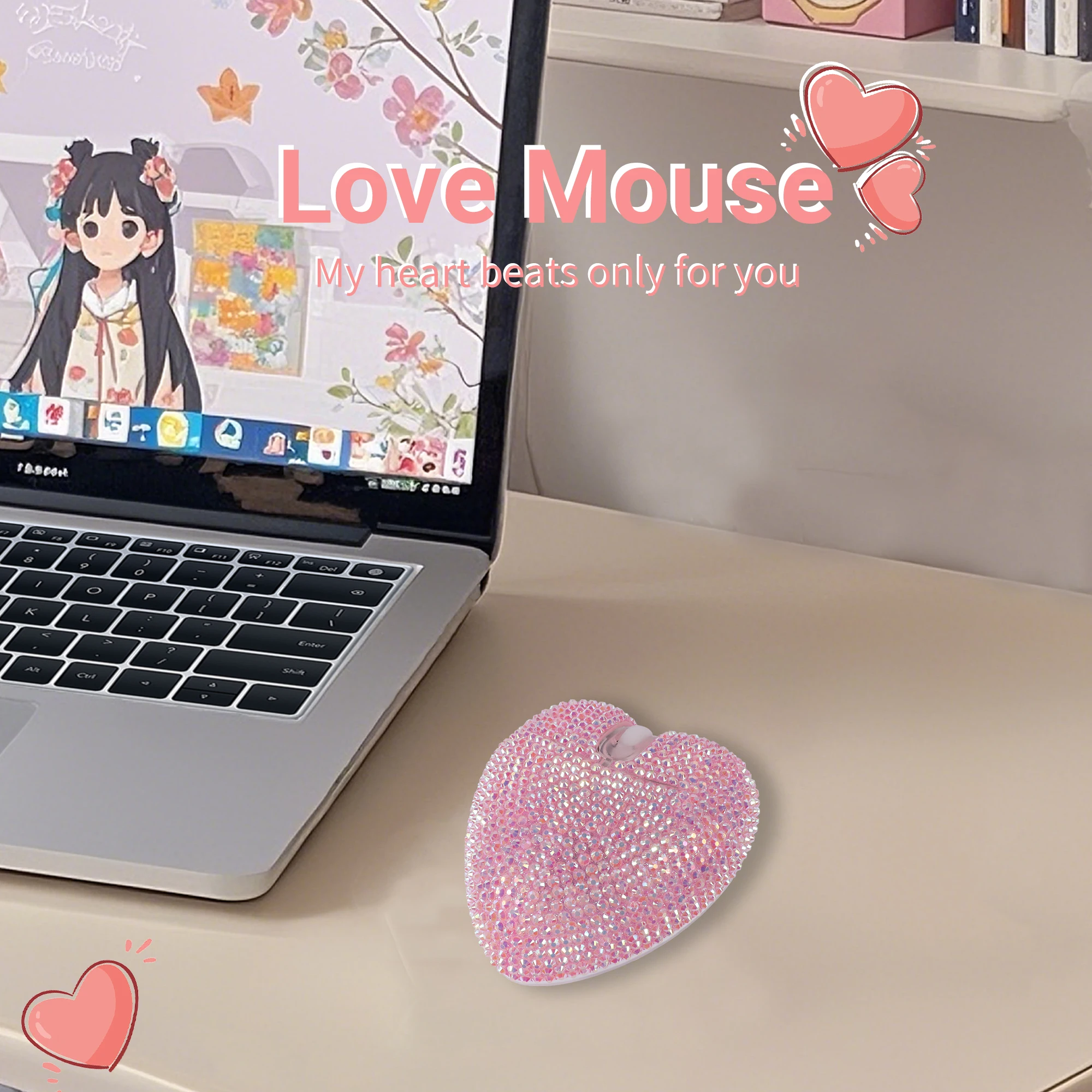 Wireless Pink Dual-mode Diamond Heart Mouse Type-C Charging Optical Ergonomic Bluetooth Mice For Laptop Computer Gifts Girl