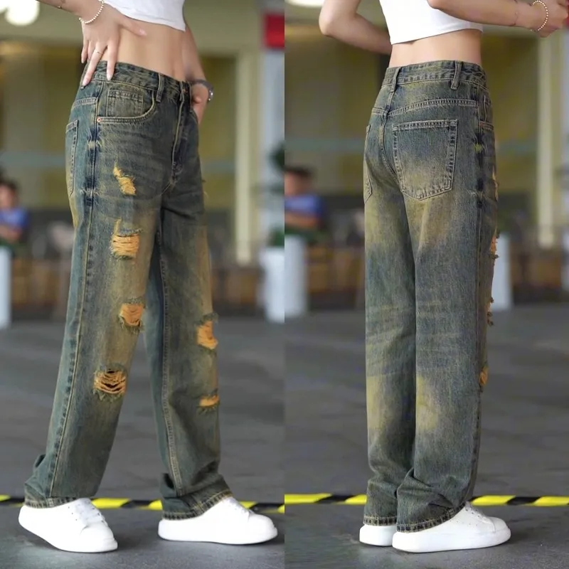 

American Sle Men's Casual Loose Straight Leg Jeans Trendy Worn out Hole Design Faionable Individuali Cool Feeling