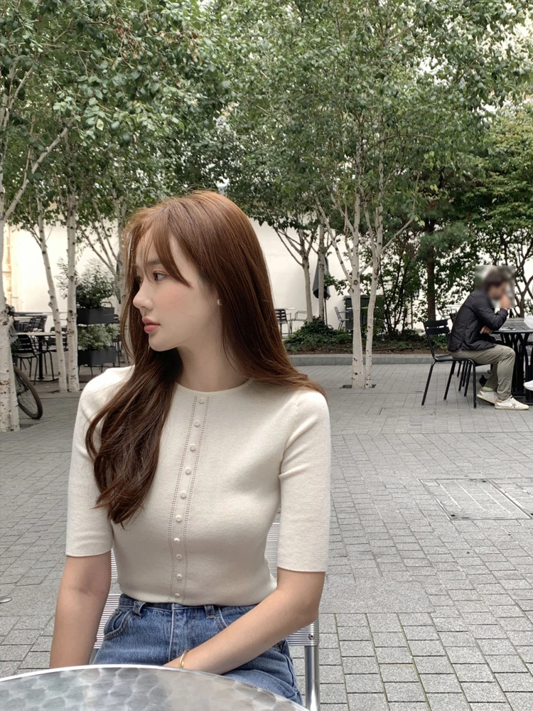 

Women's round Ne Knitwear Sve Slim Fit Base irt Korean Sle Commute Faion Autumn 2023 New Design Sensation Base Top