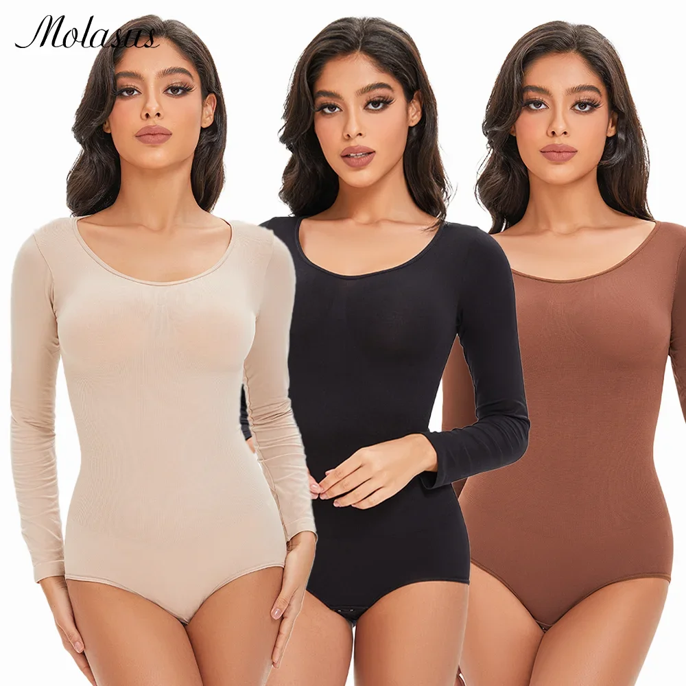 Female Underwear Open Crotch One-Piece Bodysuit Long Sleeve Seamless Waist Trainer Body Shaper Sheath Flat Belly Shapewear Woman