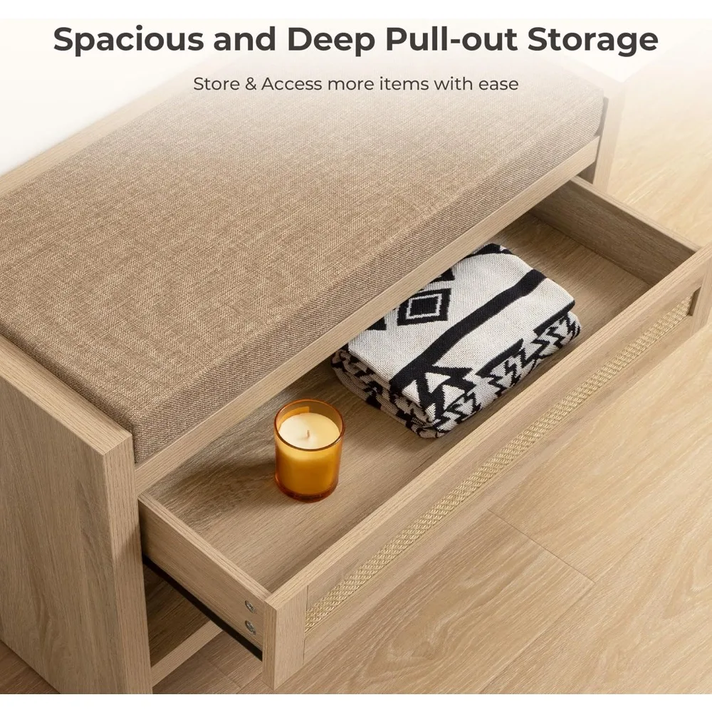 Rattan Shoe Bench Entryway Bench with Storage Drawer and Linen Seat Cushion, Farmhouse Boho Shoe Rack Bench