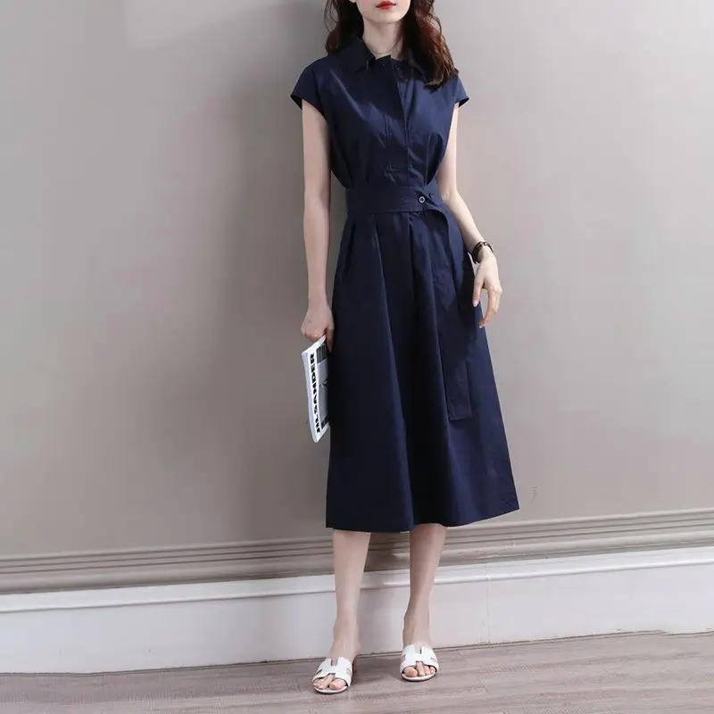 Women's Solid Color Medium Length Dress Short Sleeved Summer Dress Elegant Office Women's Tank Top Women's 2024 New Model L104