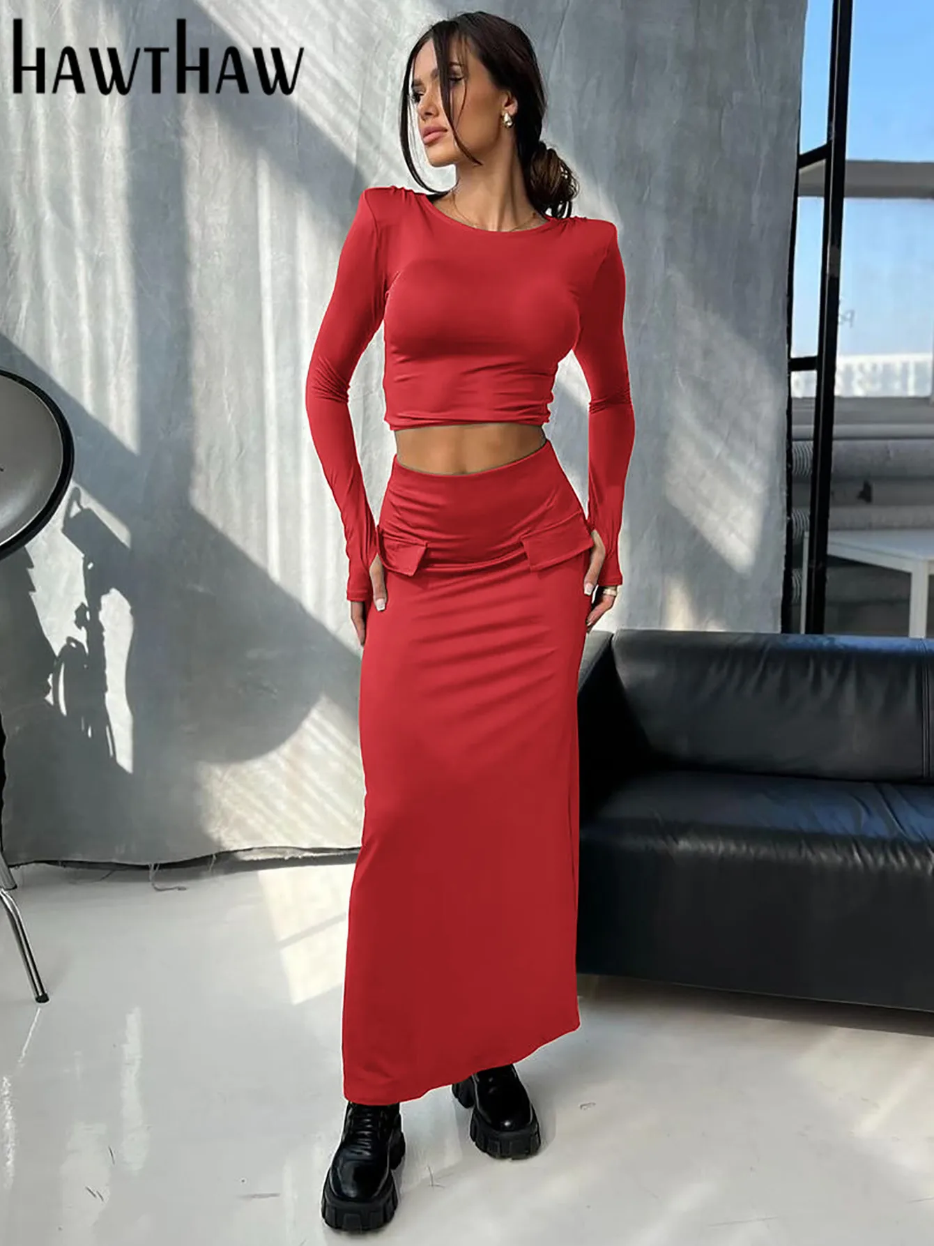 Hawthaw Women 2024 Spring Autumn Long Sleeve Crop Tops Long Skirts Two Piece Sets Outfit Basic Wholesale Items For Business