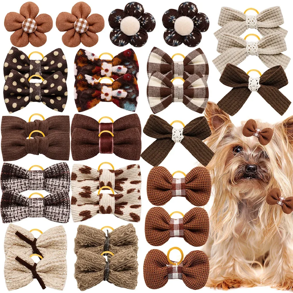 

10PCS Handmade Pet Dog Bows Brown Series Bows for Small Dogs Cute Rubber Bands for Dogs Boutique Cat Dog Hair Accessories