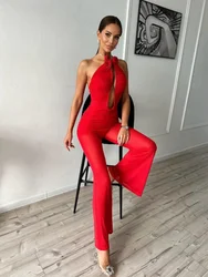 Chic INS Women Sexy Mesh Ruched Strapless Red Bodycon Flare Bandage Jumpsuit Celebrity Designer High Street Rompers