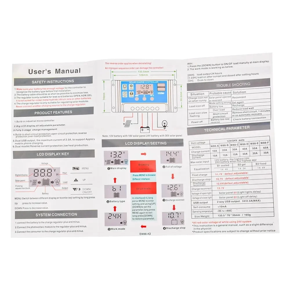 เครื่องควบคุมการชาร์จโซลาร์เซลล์10A 30A 12V/24V PWM พร้อมการตั้งค่าจับเวลาจอ LCD แบบปรับได้2024ใหม่