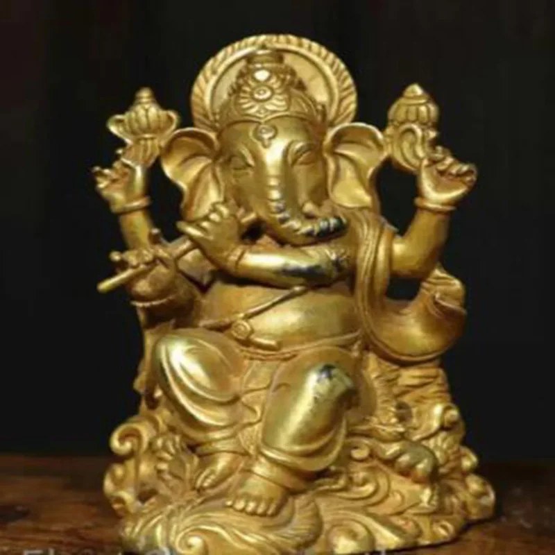 6” Old Tibetan Copper Gilt 4 Arms Ganesh Lord Ganesha God Buddha Ganesha Statue