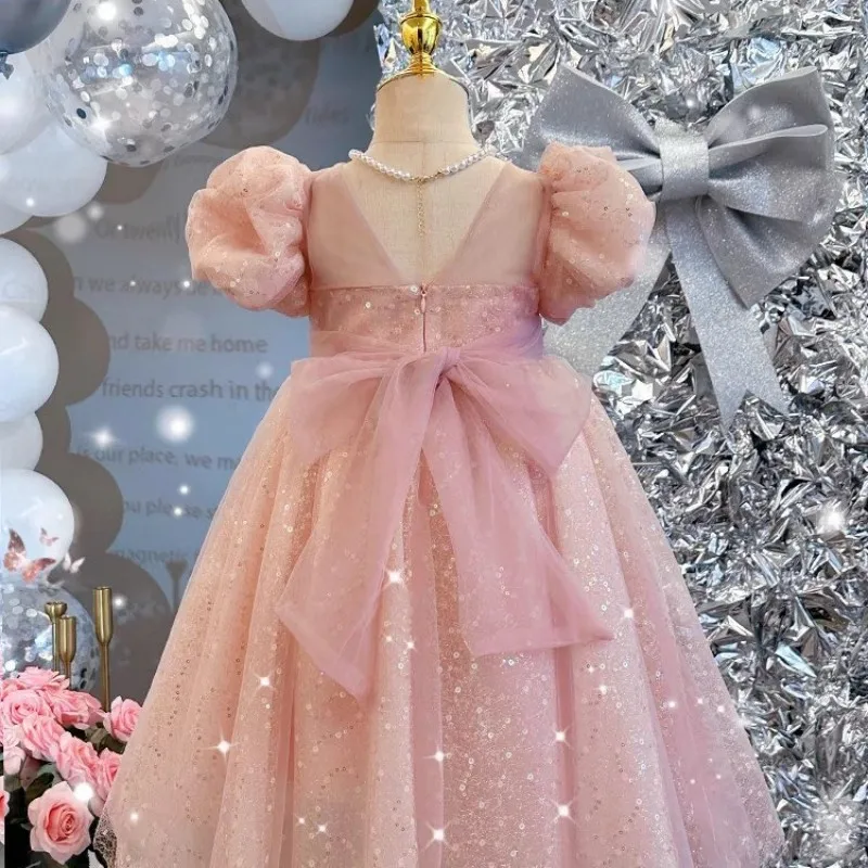

Girls Summer Fashion Dress Children's Princess Dress with Bubble Sleeves Shiny Sequins Birthday Performance Gown