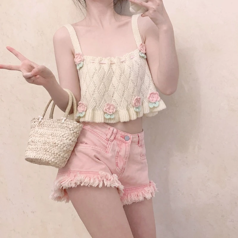 Short Sweater Vests Women Floral Sweet Lovely Embroidery Knitted Spring Summer Tops All-match Loose Female Chic Park Gentle Ins