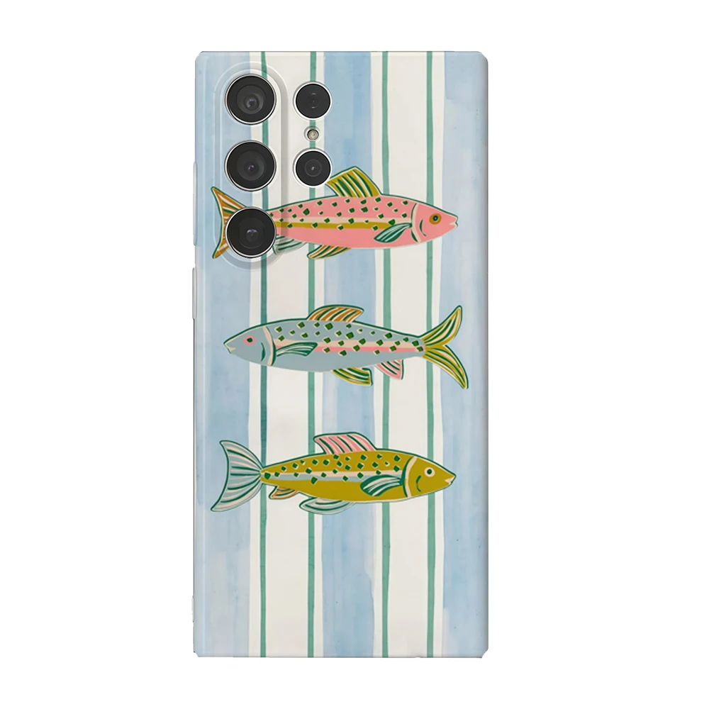 Dreifarbige Gestreifte Fisch-Design Handyhülle für Samsung Galaxy S25 S24 S23 Ultra plus A35 A55 Glänzende HD-Hartschale Schutzhülle