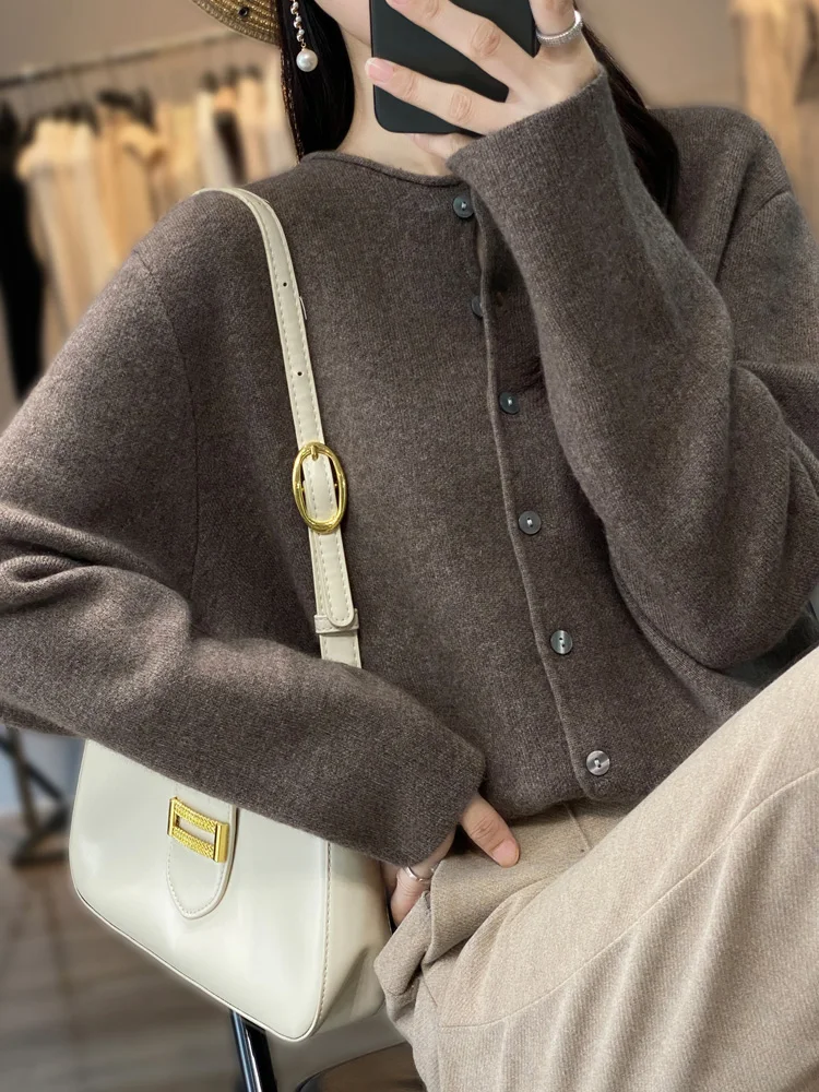 Hot Sale Women's Cardigan 100% Merino Wool Sweater Knitted Round Collar Cardigan Spring and Autumn Female Loose Fashion Clothes