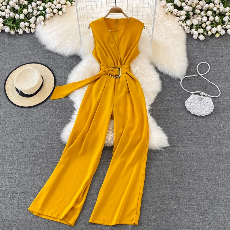 

Summer Korean V-neck Sleeveless High Waist Sleeveless Slim Drop Fit Wide Leg Pants Women's Fashion Casual Drop Fit Pants