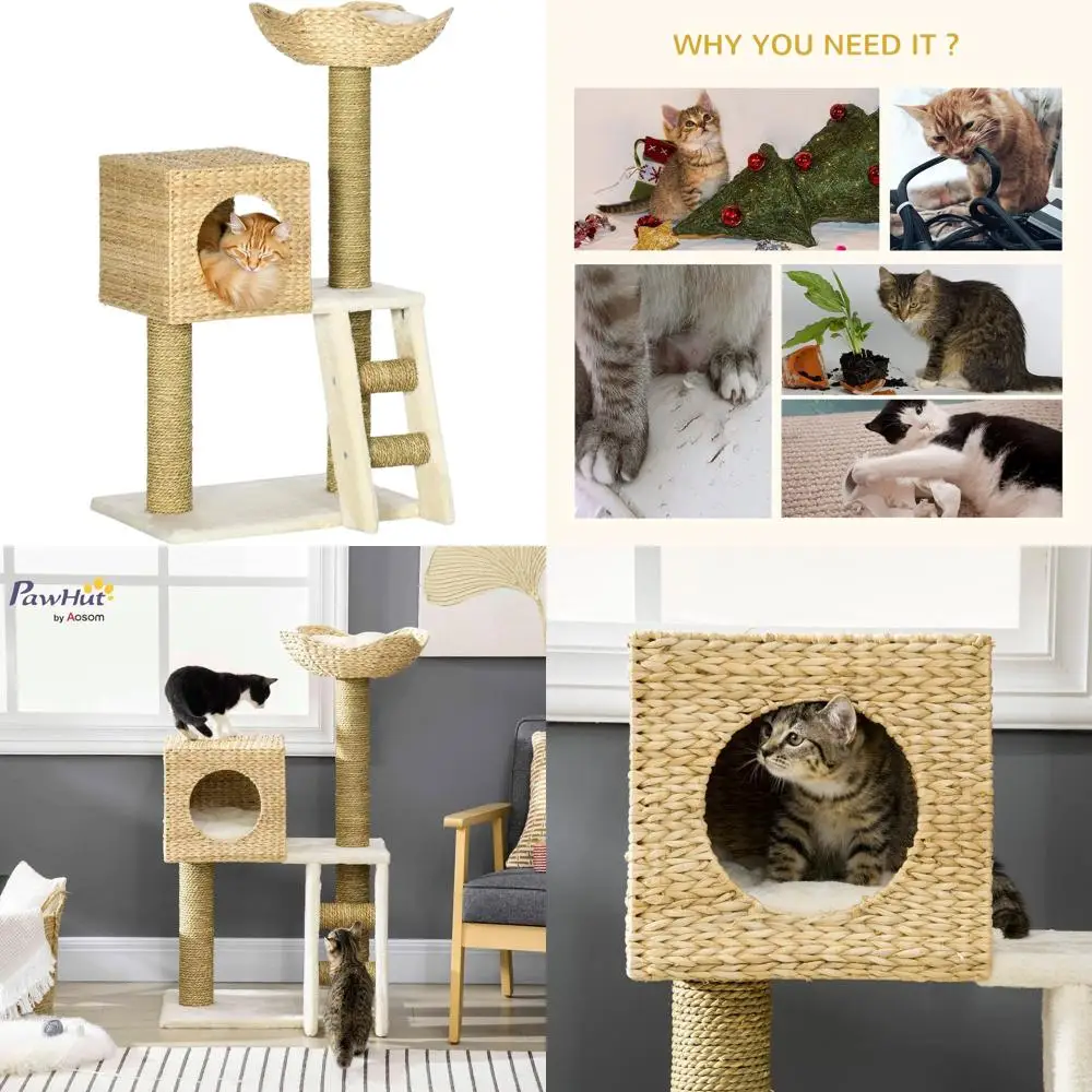 

Натуральная ротанговая лежанка-дерево для кошек с домиком, лежаком, лестницей, моющимися подушками, 22.5x14.5x39.5 для домашних кошек