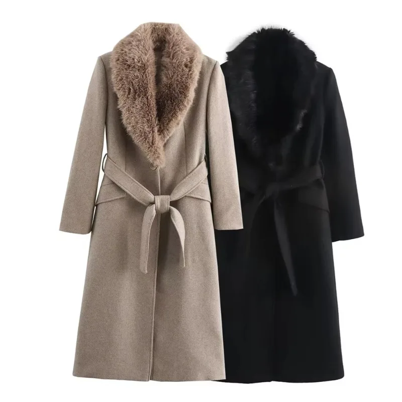 2026 New Autumn/Winter European and American Fashion Women's Solid Color Woolen Long Coat Temperament Strap Fur Collar Coat