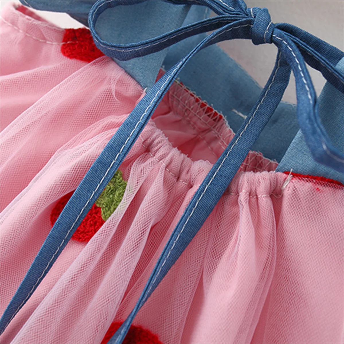 Summer New Baby Girls Dress Small Sleeve Chest Bow Ribbon Strawberry Backless Square Neck Sweet Princess Dress