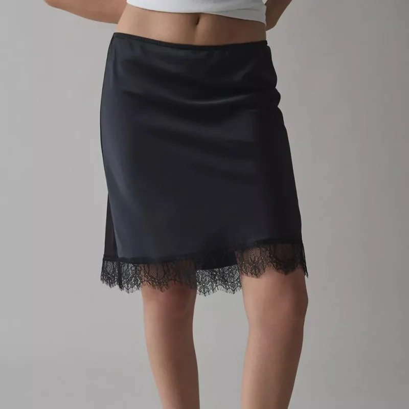Women's Vinateg Y2k Midi Skirts Lace Trim Hem Satin Skirts Fairy Grunge Bottom Skirts Party Clubwear