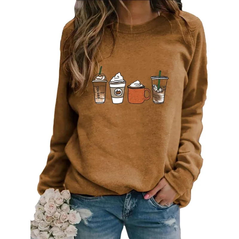 

Coffee Shirt Women's Sports and Leisure New Fashionable Loose Cute Pumpkin Spicy Hoodie Long Sleeve Top