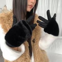 Winter Thickened Suede Gloves For Women Warm Rabbit Faux Fur Detachable Touch Screen Thermal Lining Gloves Windproof Fur Gloves