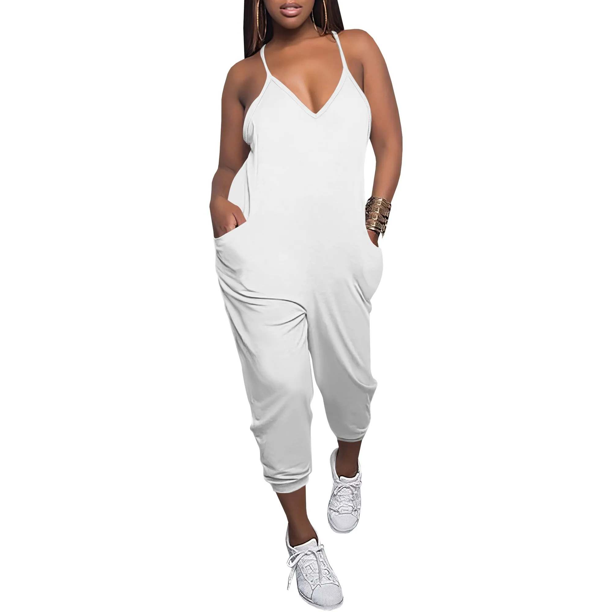 

Women's Sexy V Neck Sleeveless Racerback Jumpsuit Fashion Gradient Printed Long Pants with Pockets Casual Rompers