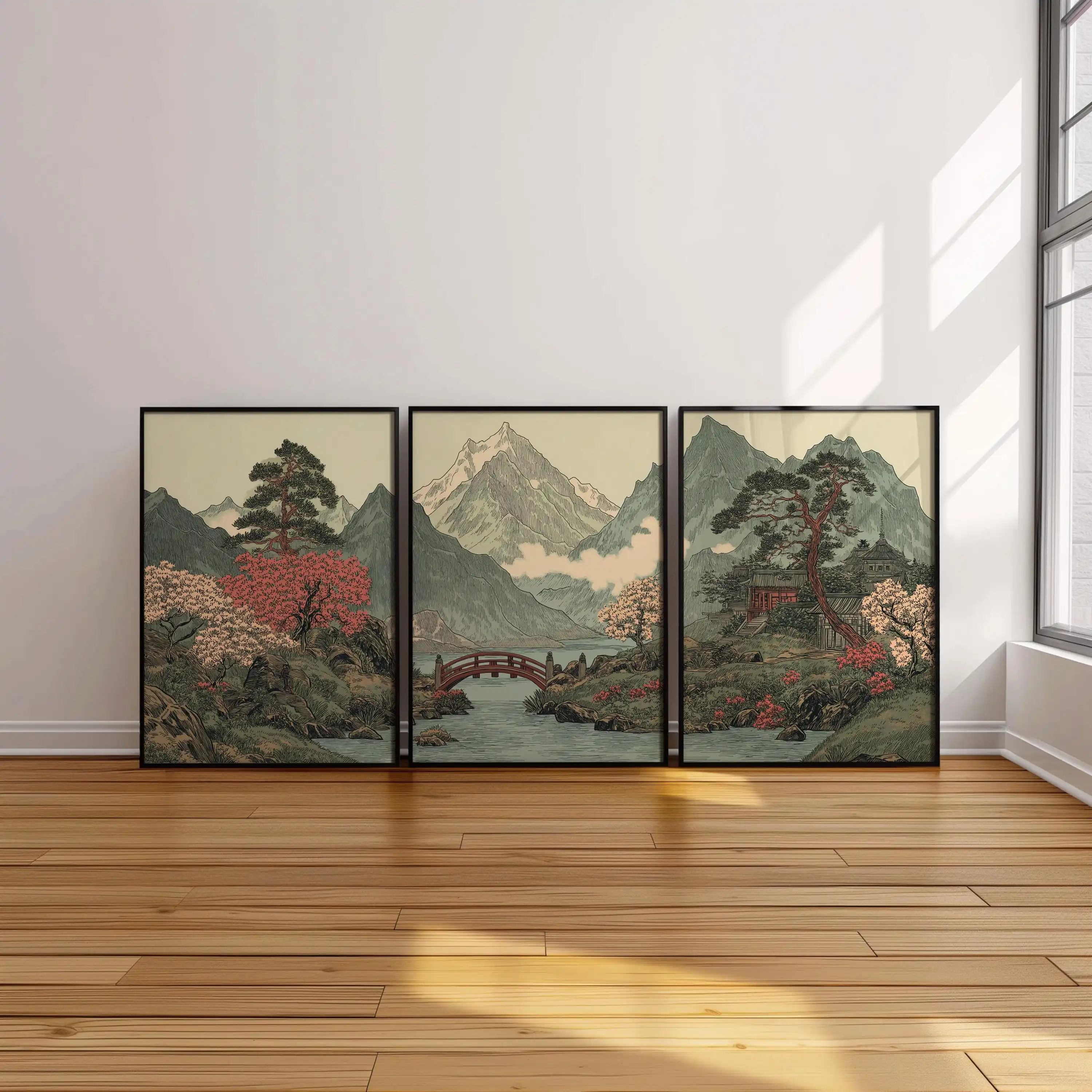 Home Decor Zen Style - Tríptico de paisaje de montaña japonés,