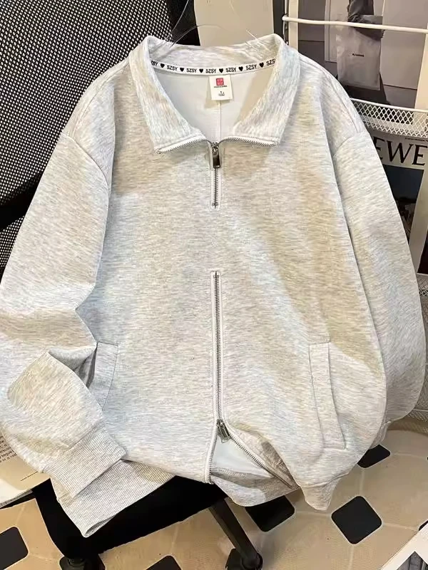 

Женская толстовка оверсайз с двойной молнией и отложным воротником, весна-осень, свободный крой, повседневная, для пар, из полиэстера, с длинным рукавом