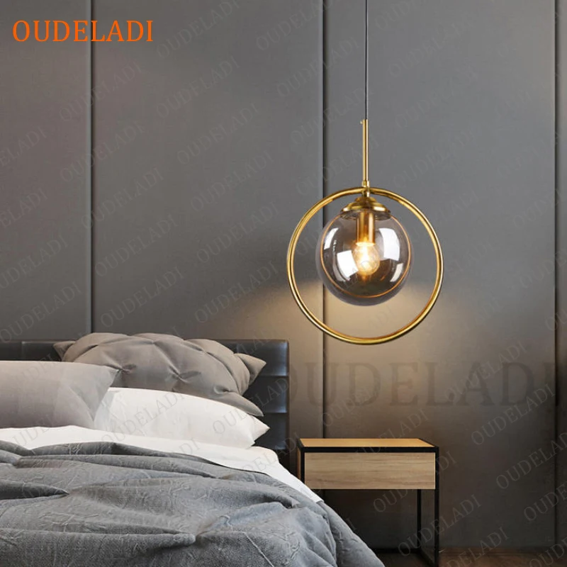 Imagem -03 - Estilo Nórdico Lâmpada Pendurada com Anel de Metal Luz Decoração Cozinha Mesa de Jantar Quarto Cabeceira Bola de Vidro