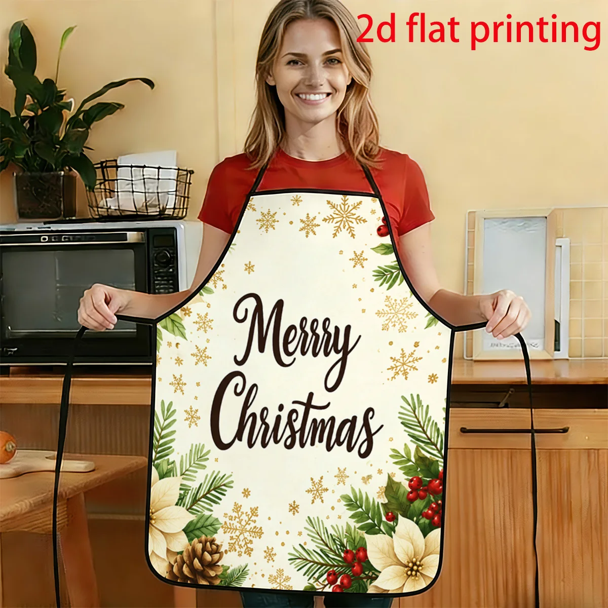 1pc 2D Flat European-Style Christmas Decorative Apron With Pine Branch Berries Pinecone Snowflake And 