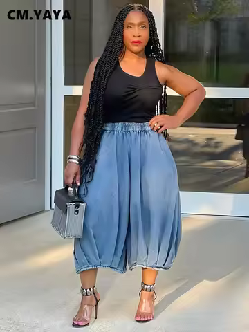 CM.YAYA Women Streetwear Fashion Fly Denim Calf-Length Pants 2024 Autumn Loose Safari Style Cargo Harem Hip Hop Jeans