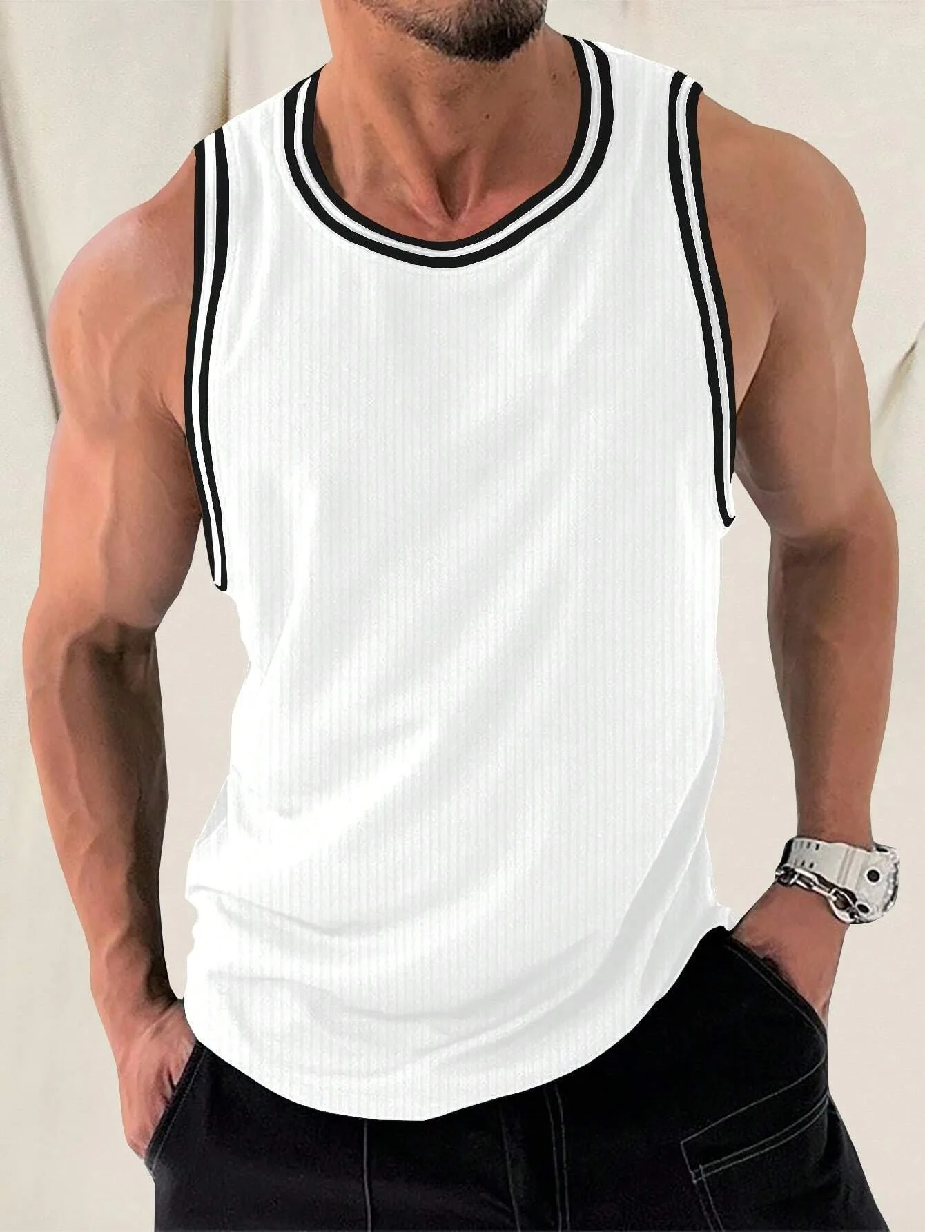 Men\'s Sports Tank Top Men\'s Daily Gym Sports Sleeveless Round Neck T-shirt Sweatshirt Knitted Vertical Stripe Racerback Tank Top