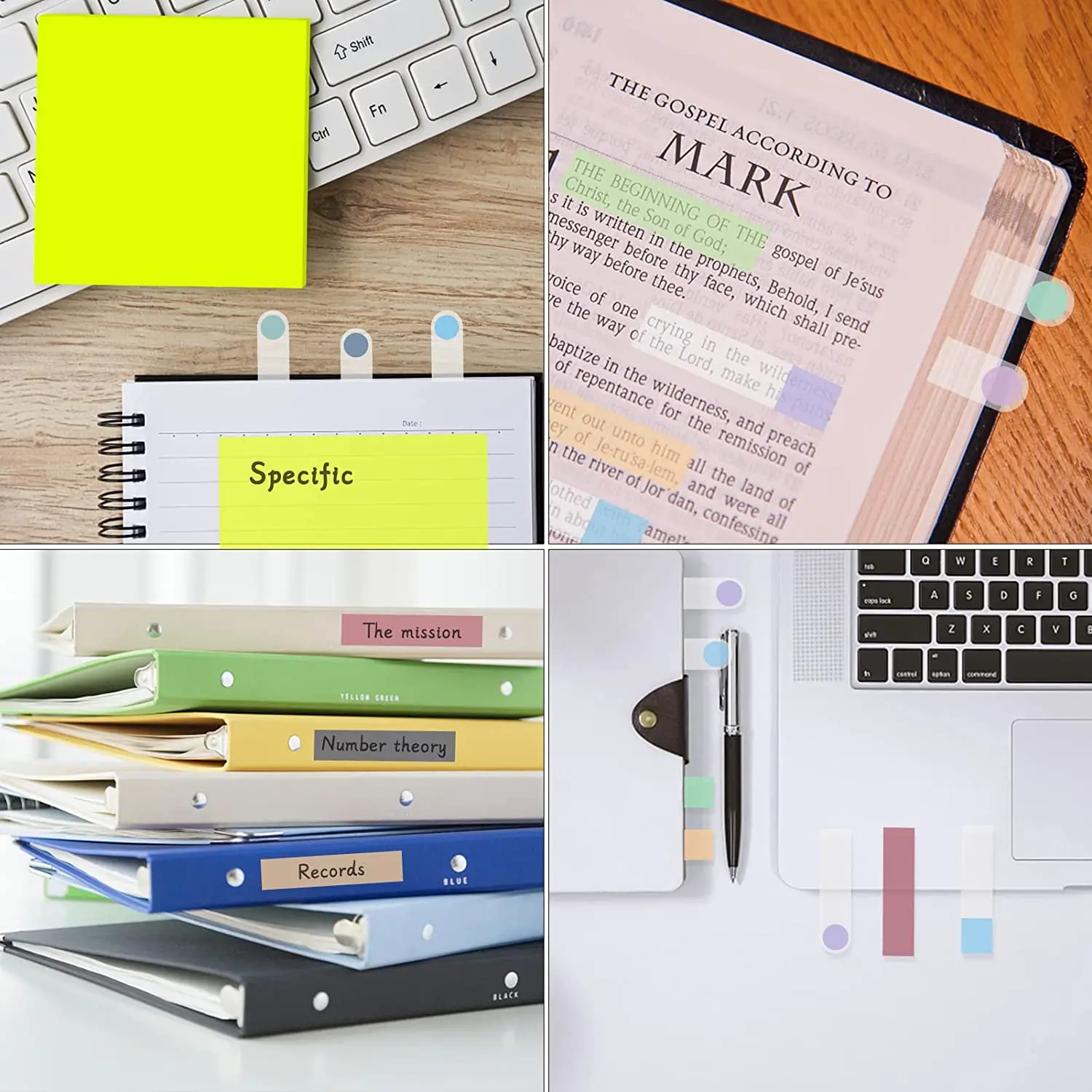 Morandiべたつかないインデックスタブセット、2パックの異なる色3x3インチの透明な粘着ノート、紙、メモ、分類ファイル