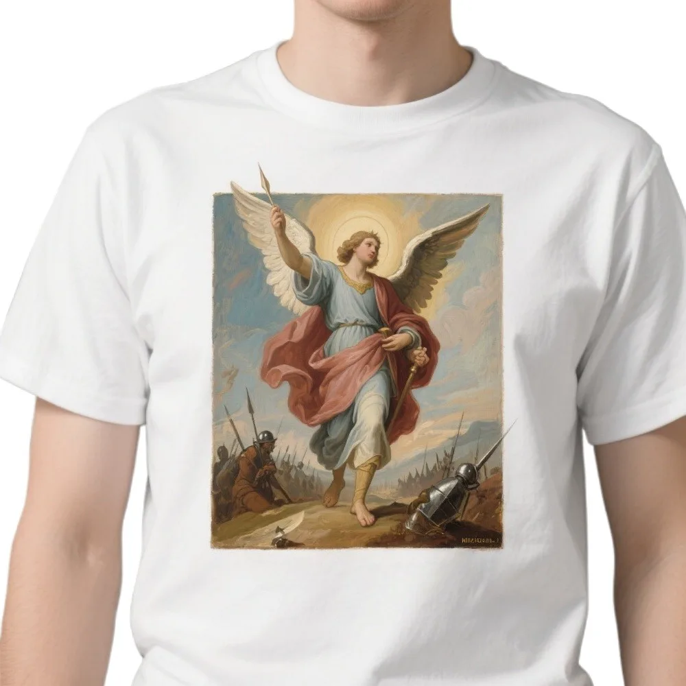 

Saint Michael Defend Us In Battle. Catholic Christian Gift T-Shirt 100% Cotton O-Neck Summer Short Sleeve Casual Mens T-shirt