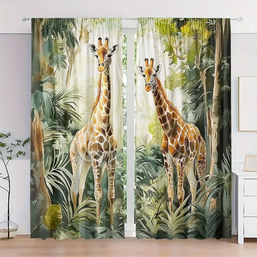 Lush Safari Jungle Giraffe Curtain Panels for Living Room Home Decor Tropical Animal Print Window Drapes