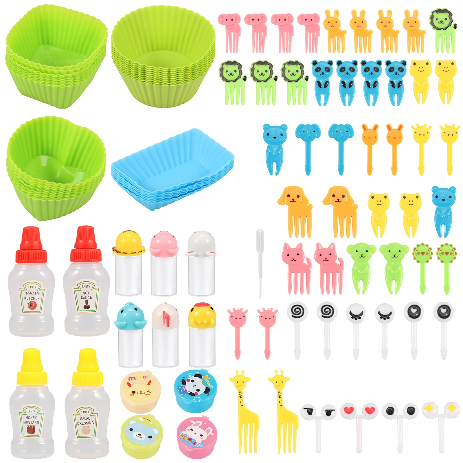 

105 шт., набор вилок для фруктов и бутылок с милыми животными, детская коробка для еды, аксессуары с разделителем для соуса/отжимания, фруктовая вилка