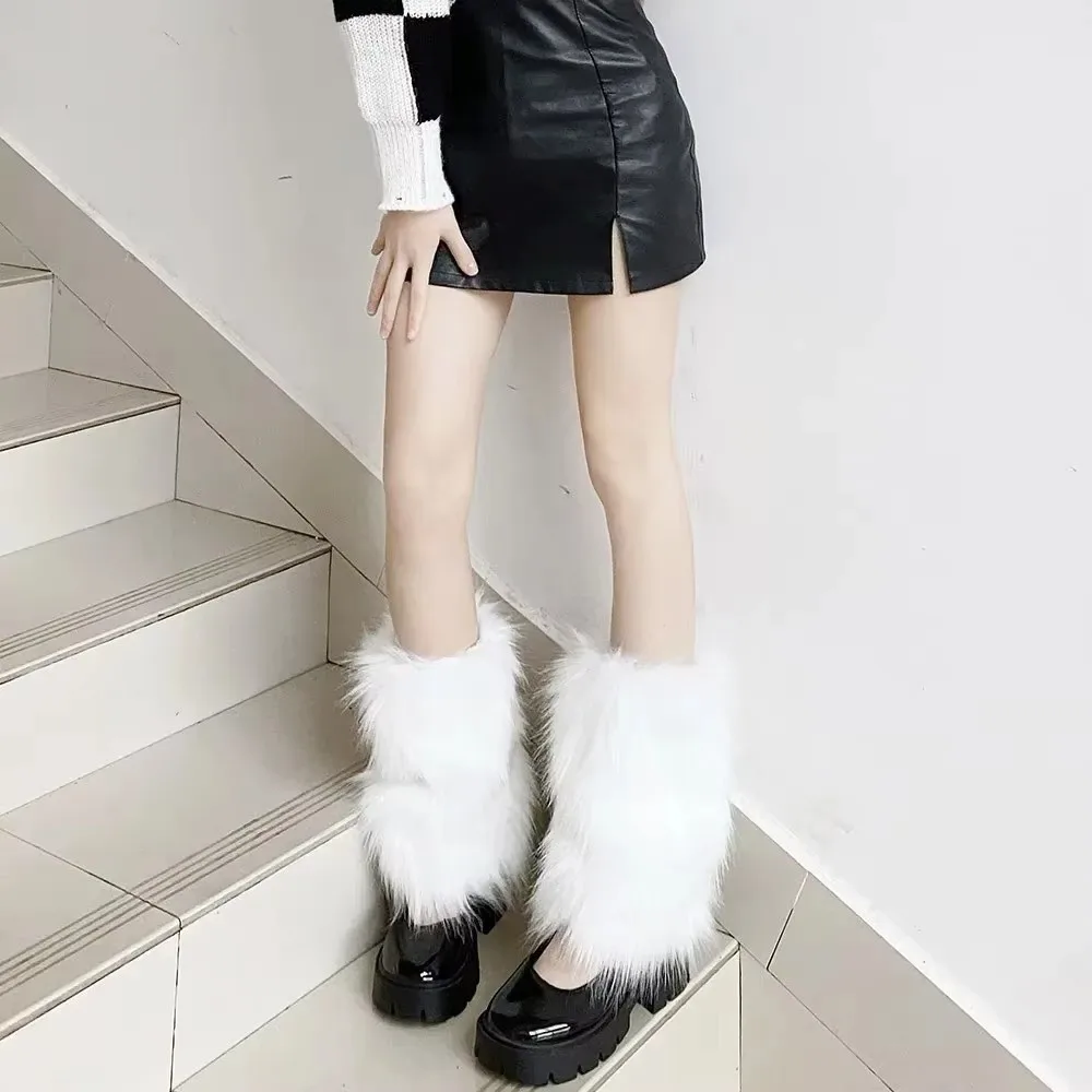 Versatile Winter Faux Fur Leg Warmers Warm Furry Knee-Length Socks Pull-On Punk Boot Covers for Women Girls