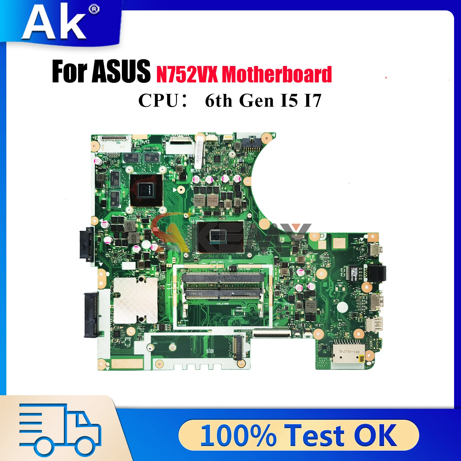 

N752VX Laptop Motherboard For ASUS Vivobook N752VX N752V Notebook Mainboard With I5 I7 CPU 100% tests OK fast shipping stk